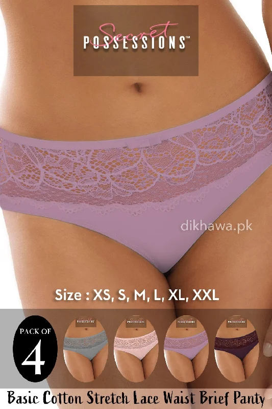 lace panties for women with a romantic touchSecret Possessions Panty - Basic Cotton Stretch Lace Waist Brief Panty Pack of 4 lace panties for women with a romantic touchSecret Possessions Panty - Basic Cotton Stretch Lace Waist Brief Panty Pack of 4