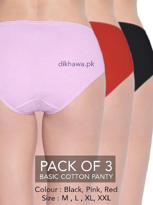 seamless plus size panties for women with comfortBasic Cotton Panty Pack of 3 - FL-519 - Black Pink & Red seamless plus size panties for women with comfortBasic Cotton Panty Pack of 3 - FL-519 - Black Pink & Red