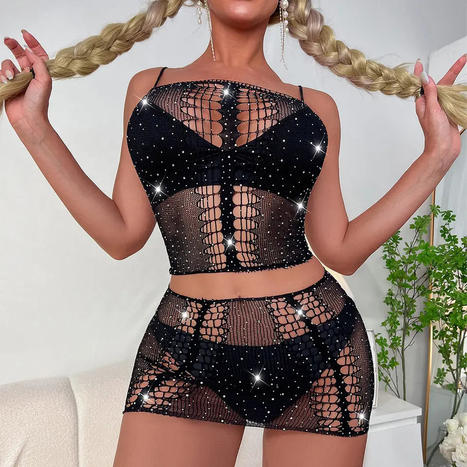 backless bras for revealing outfitsFishnet Rhinestone Sexy Lingerie Set 2pcs