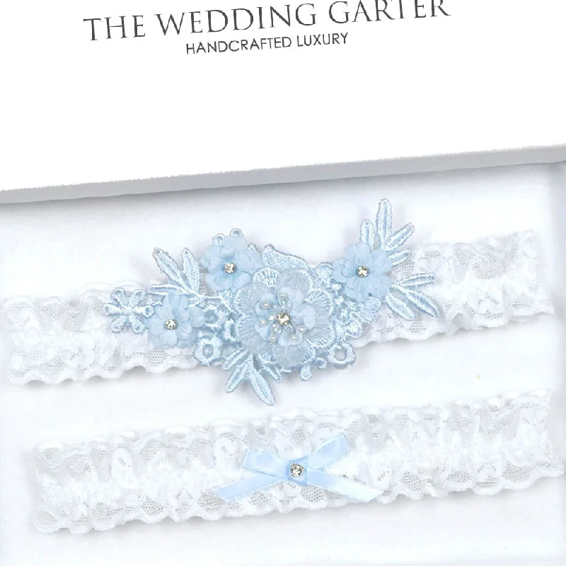 red women garters for Valentine's DayBlue Floral Lace Applique Brides Garter Set