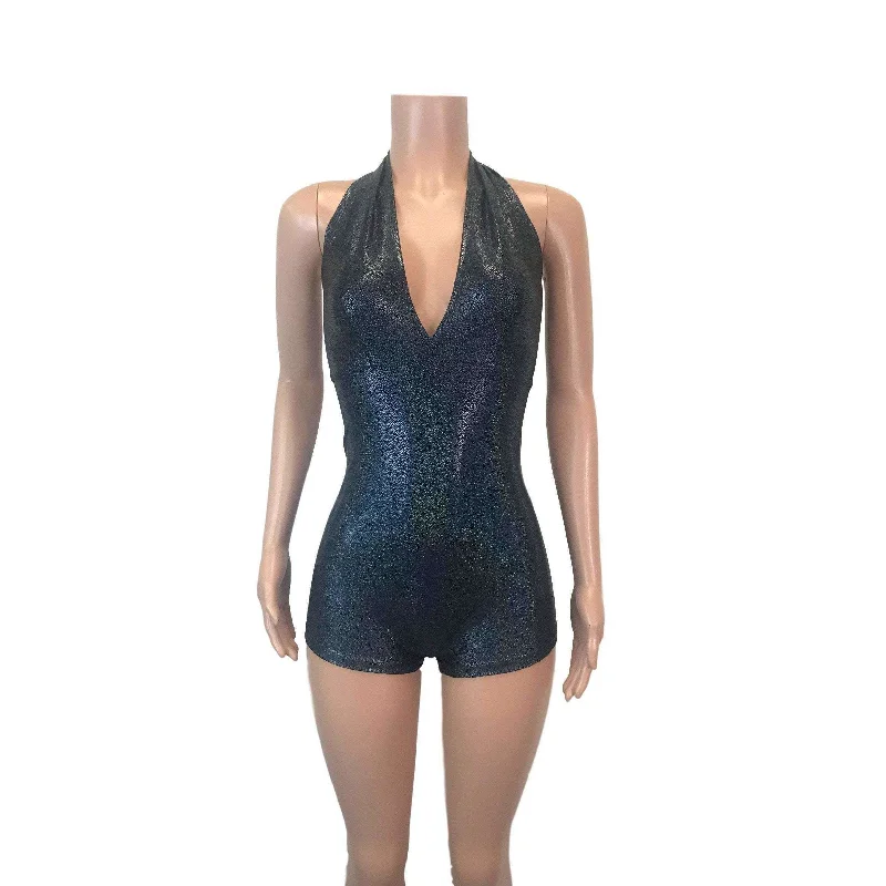 Sleeveless Bodysuits for a Cool and Casual Summer LookHalter Romper - Black Holographic Sleeveless Bodysuits for a Cool and Casual Summer LookHalter Romper - Black Holographic