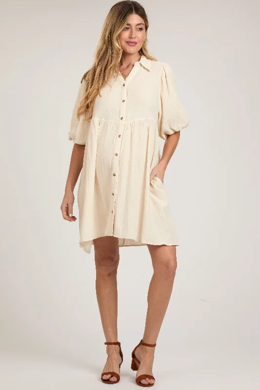 seamless backless bras for summer dressesCream Button Down Bubble Sleeve Collared Maternity Dress seamless backless bras for summer dressesCream Button Down Bubble Sleeve Collared Maternity Dress
