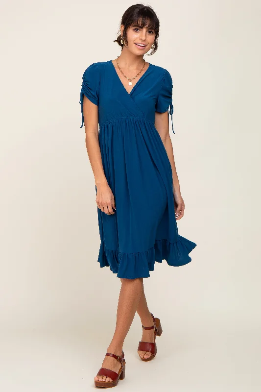 wireless bras for a natural feelDeep Teal Cinched Sleeve Midi Dress