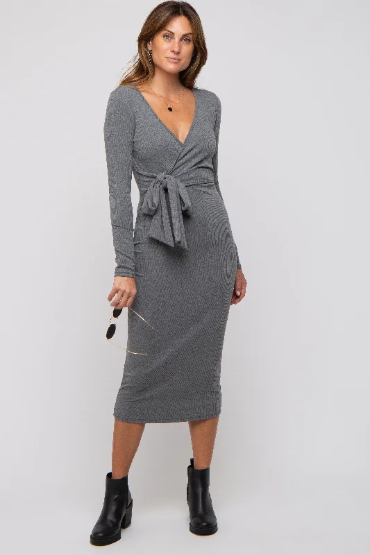 supportive underwire bras for large bustsGrey Ribbed Long Sleeve Wrap Dress