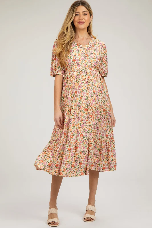 seamless sports bras for minimal chafingIvory Floral Button Front Ruffle Hem Maternity Midi Dress