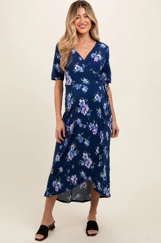 padded wireless bras for light supportNavy Floral Short Sleeve Maternity Wrap Dress