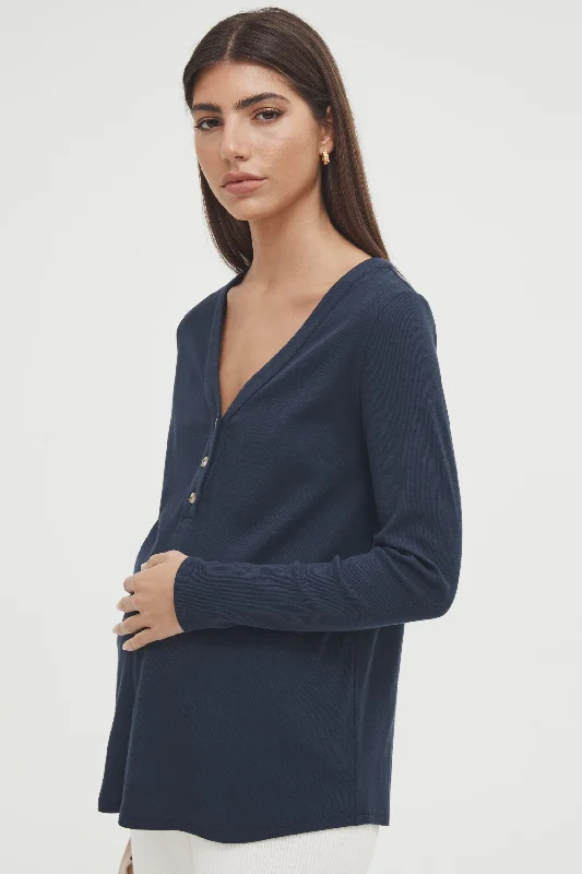 t - shirt bras for a smooth look under clothesRibbed Henley Top (Navy)