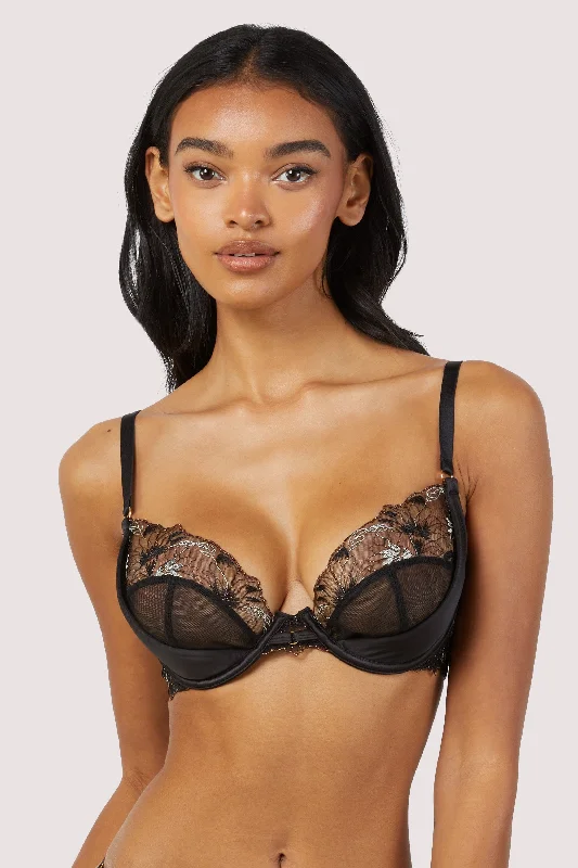 padded bras for added volumeAria Black and Gold Lace Plunge Bra