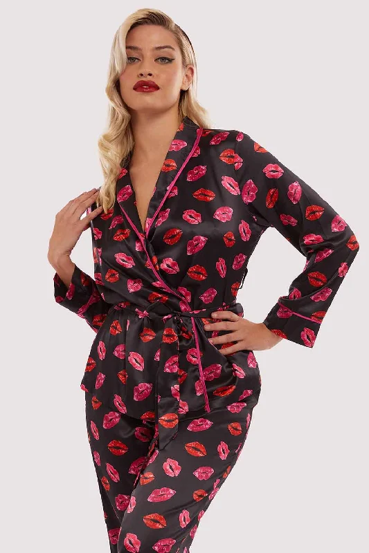 Bra with a satin - lined cup for a smooth and comfortable fit Kiss Print Tie PJ Top And Bottom Bra with a satin - lined cup for a smooth and comfortable fit Kiss Print Tie PJ Top And Bottom