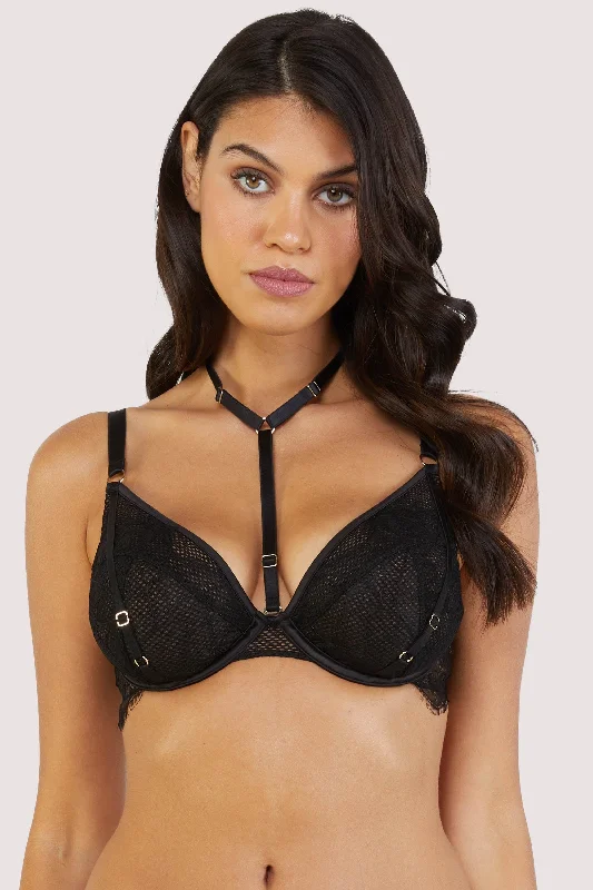 padded bras for added volumeFairfield Black Fishnet And Lace Plunge Bra