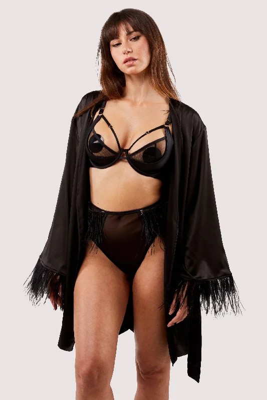 Bra with a solid color for a classic and versatile option Sirus Black Satin And Feather Kimono Bra with a solid color for a classic and versatile option Sirus Black Satin And Feather Kimono