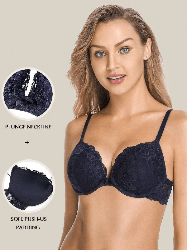 Nylon bras offering durability and stretch​ Floral Lace Push-Up Lightly Padded Demi Plunge Underwire Bra Dark Blue