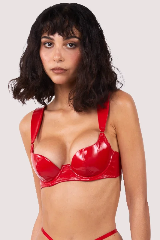 Strapless bras for wearing with strapless tops and dresses​ Maxine Red PVC Plunge Bra
