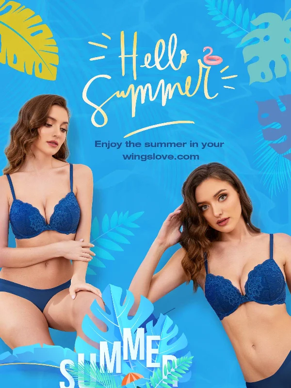 Back - closure bras with traditional hook - and - eye fastenings Lace Push Up Bra Lightly Padded Demi Plunge Bra Royal Blue Back - closure bras with traditional hook - and - eye fastenings Lace Push Up Bra Lightly Padded Demi Plunge Bra Royal Blue