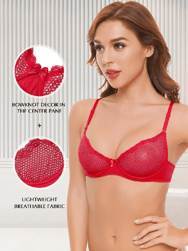Bra with a gel - filled cup for extra comfort and support​ See Through 1/2 Cup Lace Underwire Demi Bra Lava Red