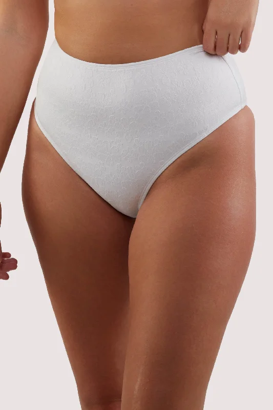 plunge bras for low cut topsZoe White Floral Texture High Waisted Bikini Bottom