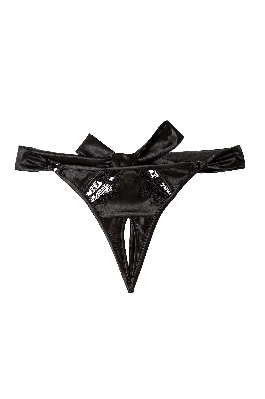 Bra with a detachable strap for easy washing Wren Black Satin and Lace Ouvert Thong Bra with a detachable strap for easy washing Wren Black Satin and Lace Ouvert Thong