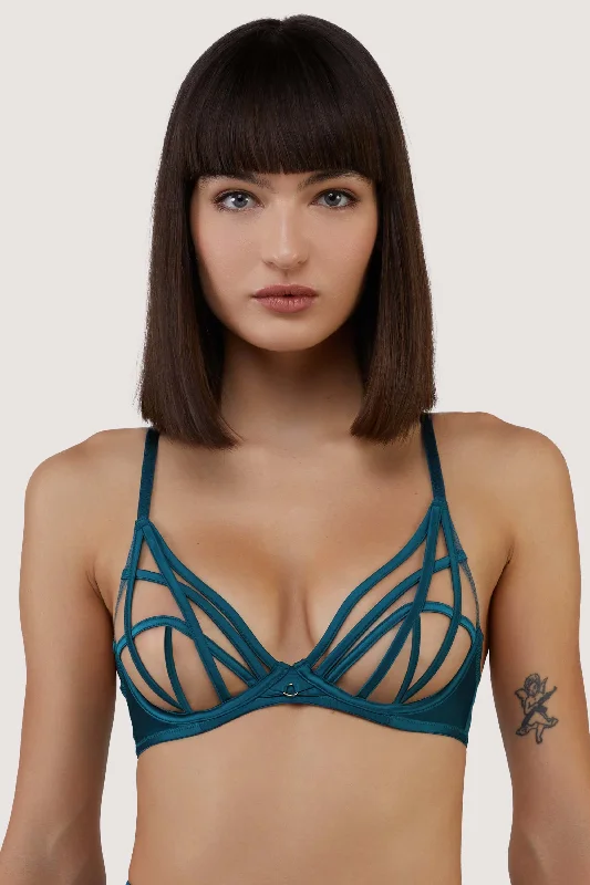 seamless wireless bras for everyday comfortRamona Teal Strap Detail Illusion Mesh Bra