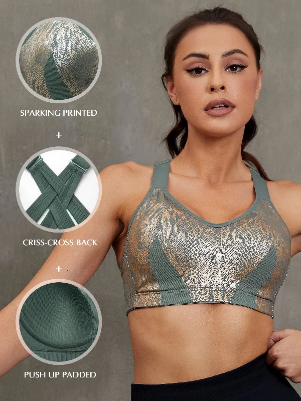 Bra with moisture - wicking lining for sweaty situations High Impact Sparkly Padded Racerback Bras Moss Green Bra with moisture - wicking lining for sweaty situations High Impact Sparkly Padded Racerback Bras Moss Green