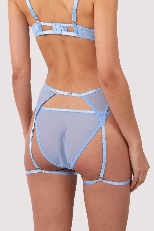 Back - closure bras with traditional hook - and - eye fastenings​ Cora Blue Mesh & Trim Cut Out Suspender