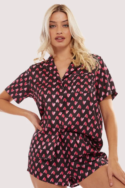 Bra with a polyester - lined cup for durability and moisture - wicking Heart Print Satin Pyjama Set Bra with a polyester - lined cup for durability and moisture - wicking Heart Print Satin Pyjama Set