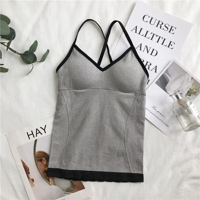 plunge t - shirt bras for a sleek appearanceSeamless Padded High Quality Cross Back Straps Stretchable Yoga & Gym Sports Camisole